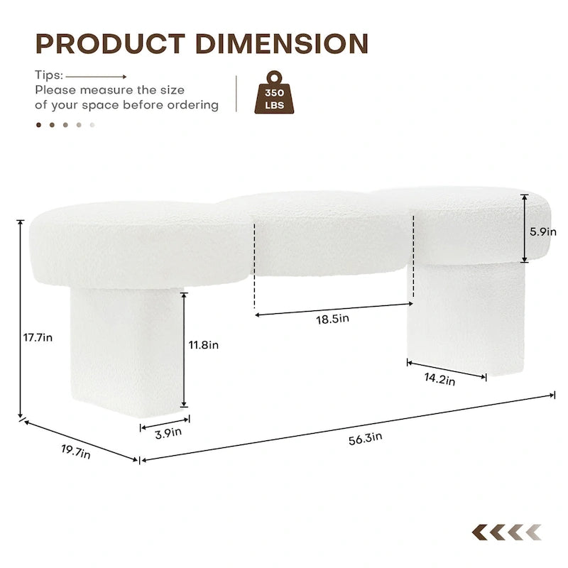 Banc de chambre capitonné en tissu bouclé, 143 cm de large, pour entrée ou pied de lit - 143 cm de large x 50 cm de profondeur x 45 cm de haut