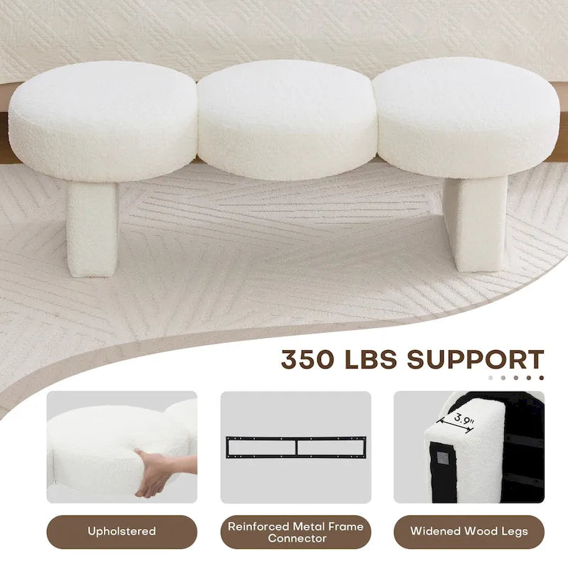 Banc de chambre capitonné en tissu bouclé, 143 cm de large, pour entrée ou pied de lit - 143 cm de large x 50 cm de profondeur x 45 cm de haut