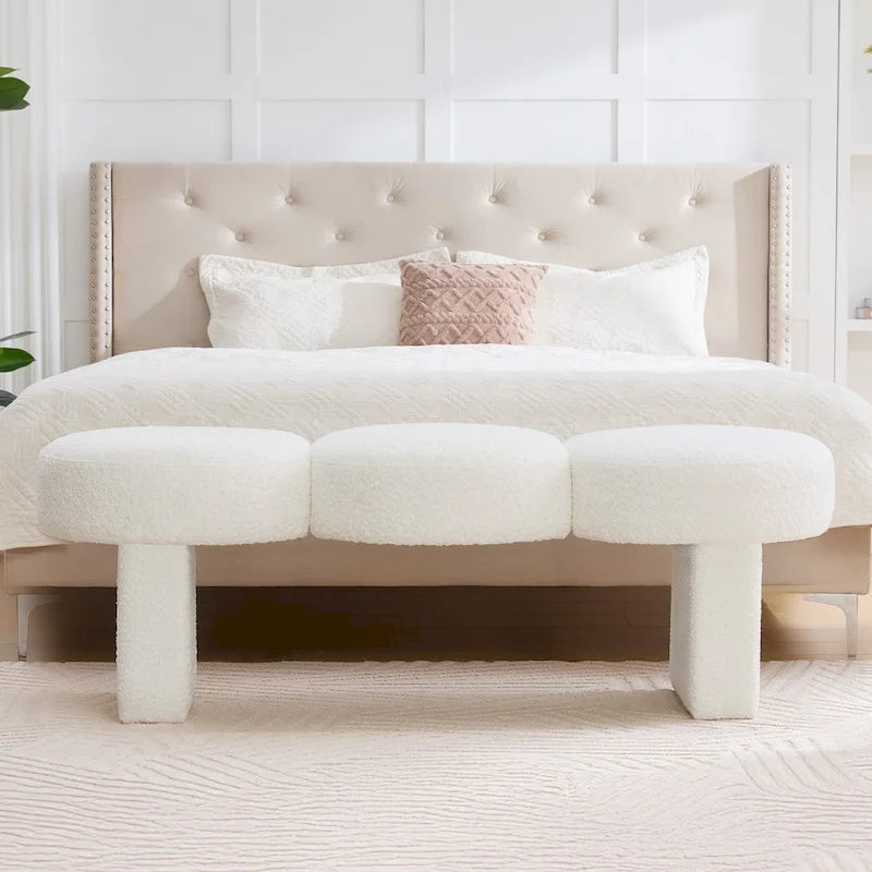 Banc de chambre capitonné en tissu bouclé, 143 cm de large, pour entrée ou pied de lit - 143 cm de large x 50 cm de profondeur x 45 cm de haut