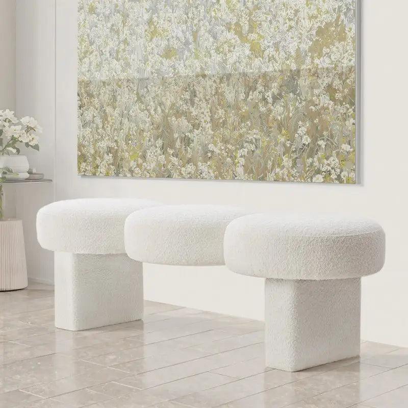 Banc de chambre capitonné en tissu bouclé, 143 cm de large, pour entrée ou pied de lit - 143 cm de large x 50 cm de profondeur x 45 cm de haut