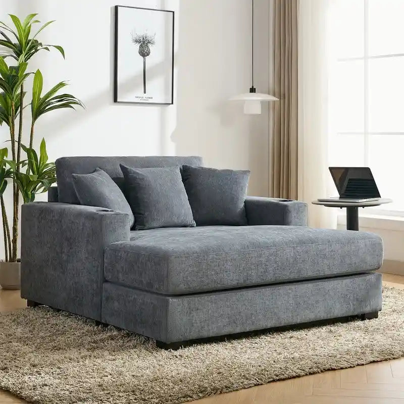 Chaise longue surdimensionnée en tissu chenille, fauteuil-lit-canapé 39,7/43,5/55 pouces avec coussins, station de charge et porte-gobelets