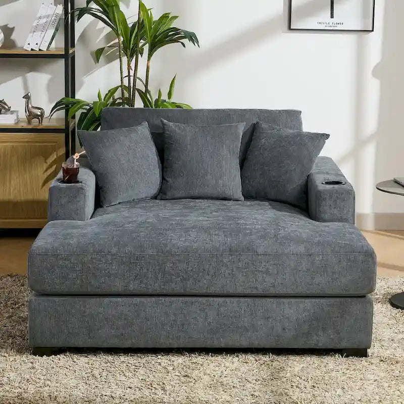 Chaise longue surdimensionnée en tissu chenille, fauteuil-lit-canapé 39,7/43,5/55 pouces avec coussins, station de charge et porte-gobelets