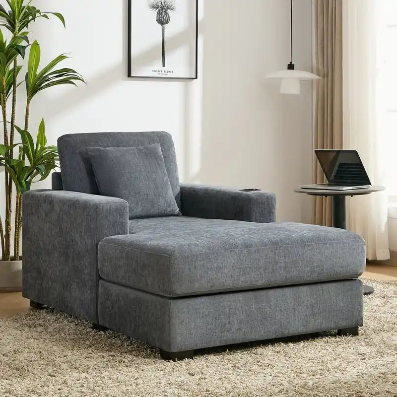 Chaise longue surdimensionnée en tissu chenille, fauteuil-lit-canapé 39,7/43,5/55 pouces avec coussins, station de charge et porte-gobelets