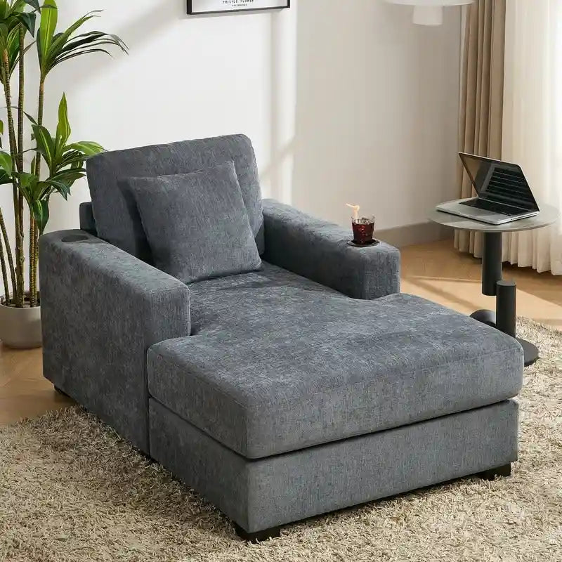 Chaise longue surdimensionnée en tissu chenille, fauteuil-lit-canapé 39,7/43,5/55 pouces avec coussins, station de charge et porte-gobelets