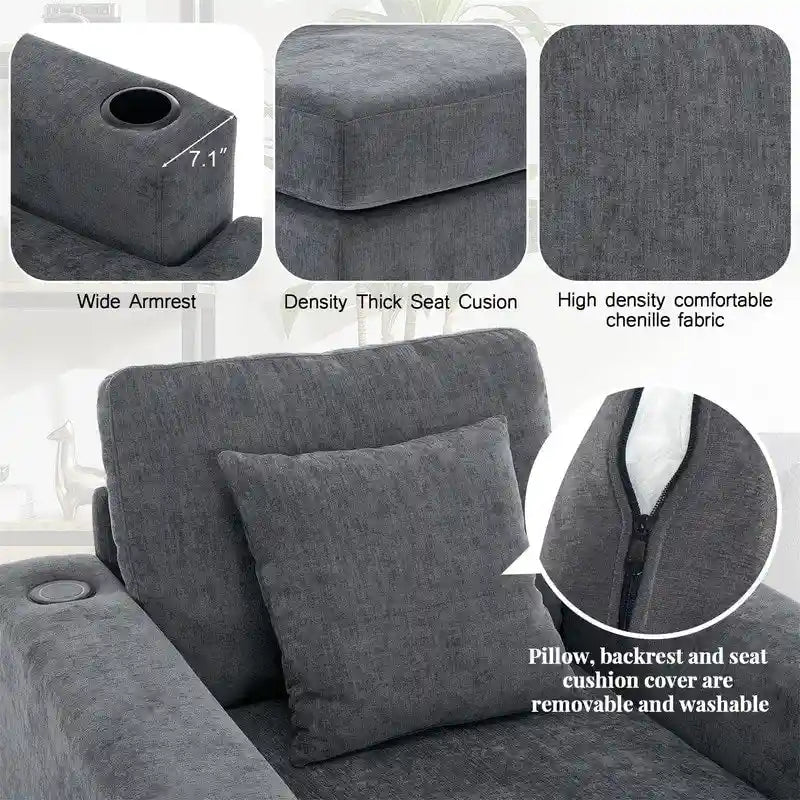 Chaise longue surdimensionnée en tissu chenille, fauteuil-lit-canapé 39,7/43,5/55 pouces avec coussins, station de charge et porte-gobelets