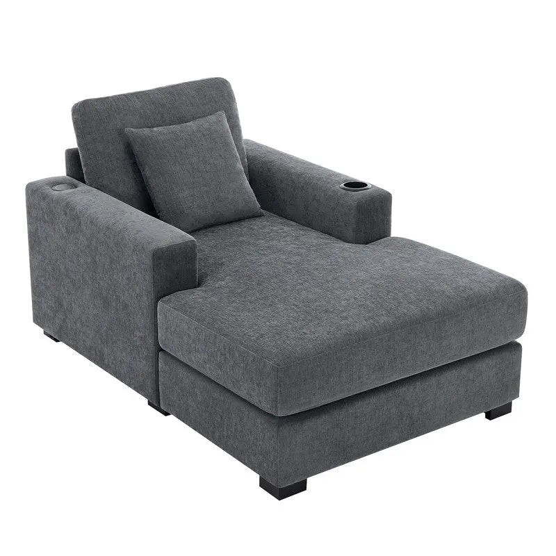 Chaise longue surdimensionnée en tissu chenille, fauteuil-lit-canapé 39,7/43,5/55 pouces avec coussins, station de charge et porte-gobelets