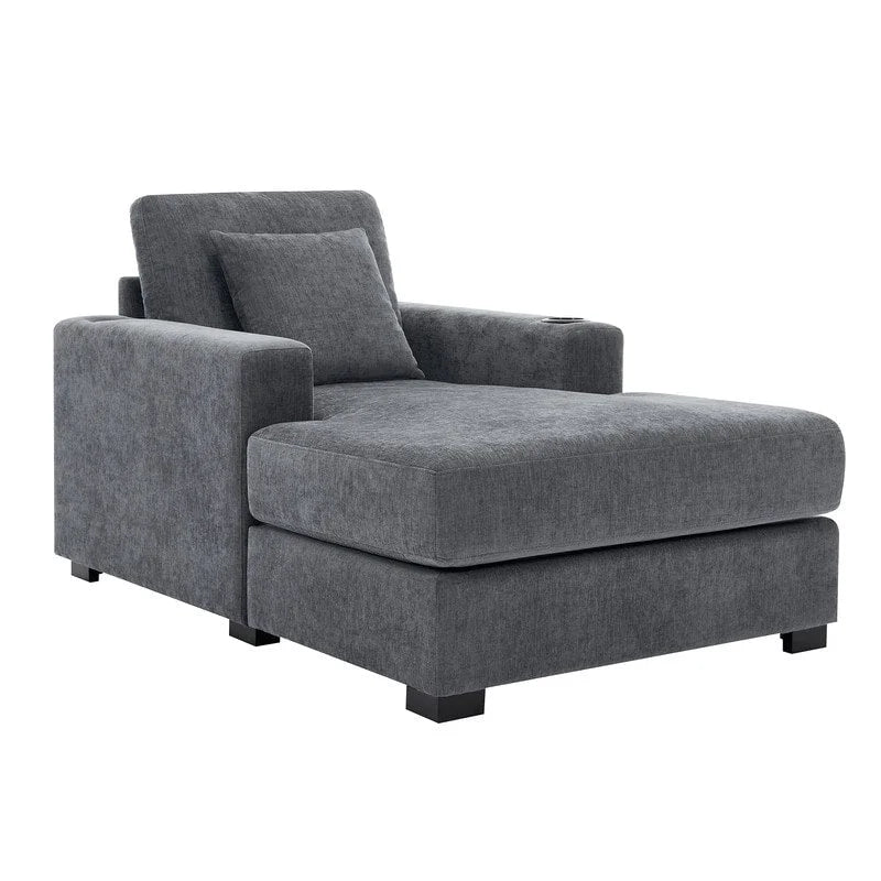 Chaise longue surdimensionnée en tissu chenille, fauteuil-lit-canapé 39,7/43,5/55 pouces avec coussins, station de charge et porte-gobelets