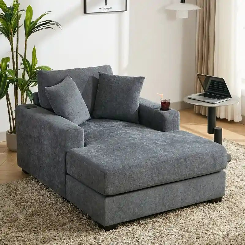Chaise longue surdimensionnée en tissu chenille, fauteuil-lit-canapé 39,7/43,5/55 pouces avec coussins, station de charge et porte-gobelets
