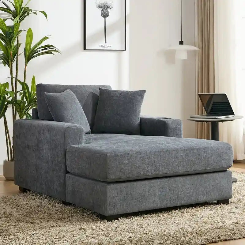 Chaise longue surdimensionnée en tissu chenille, fauteuil-lit-canapé 39,7/43,5/55 pouces avec coussins, station de charge et porte-gobelets