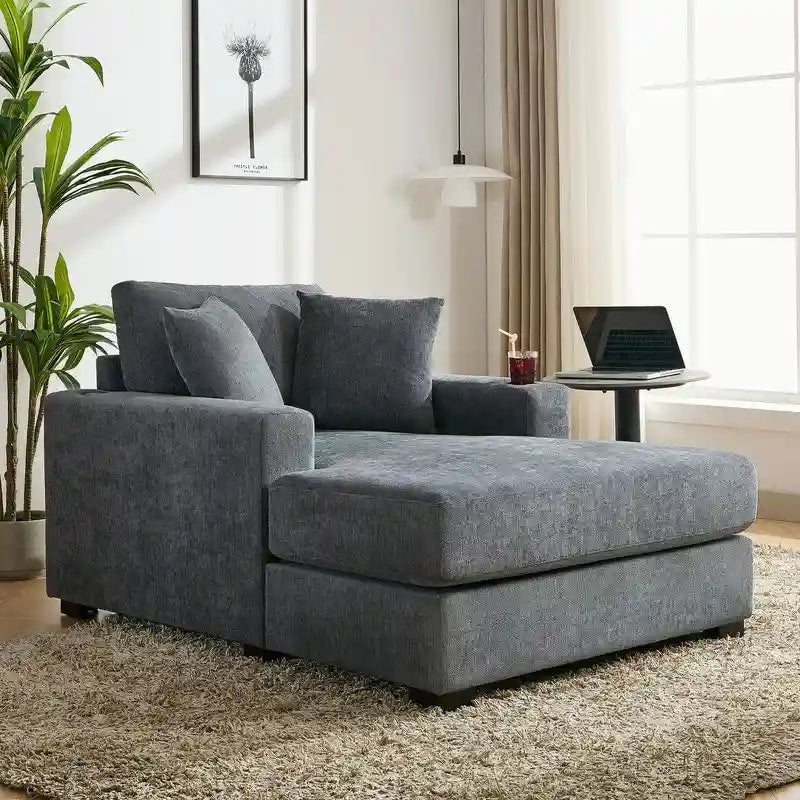 Chaise longue surdimensionnée en tissu chenille, fauteuil-lit-canapé 39,7/43,5/55 pouces avec coussins, station de charge et porte-gobelets