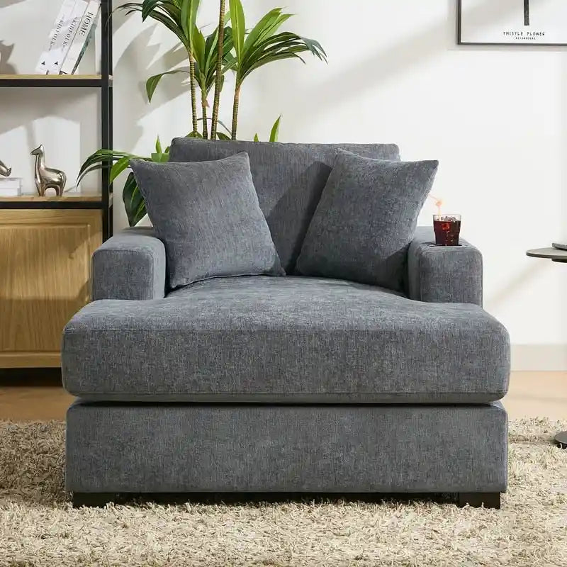 Chaise longue surdimensionnée en tissu chenille, fauteuil-lit-canapé 39,7/43,5/55 pouces avec coussins, station de charge et porte-gobelets