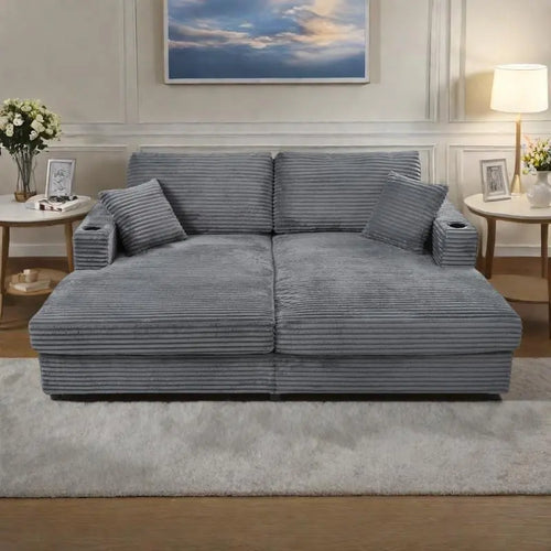 86.5 Corduroy Chaise Lounge Sofa Bed with USB Ports, Cup Holders and 8 Thick Cushions