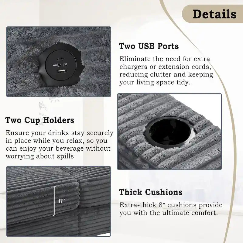 Canapé-lit méridienne en velours côtelé de 86,5 pouces avec ports USB, porte-gobelets et 8 coussins épais