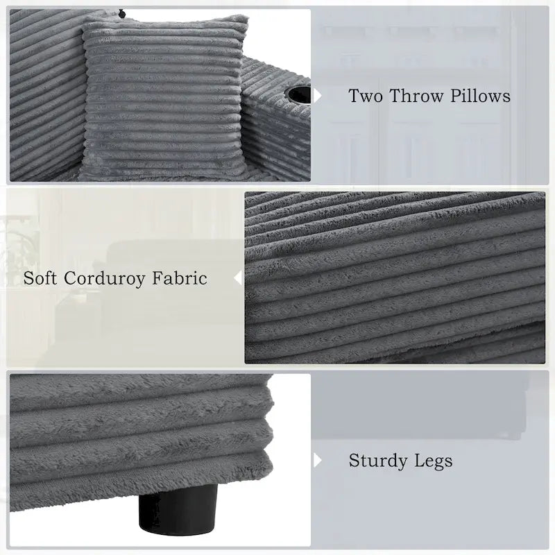 Canapé-lit méridienne en velours côtelé de 86,5 pouces avec ports USB, porte-gobelets et 8 coussins épais