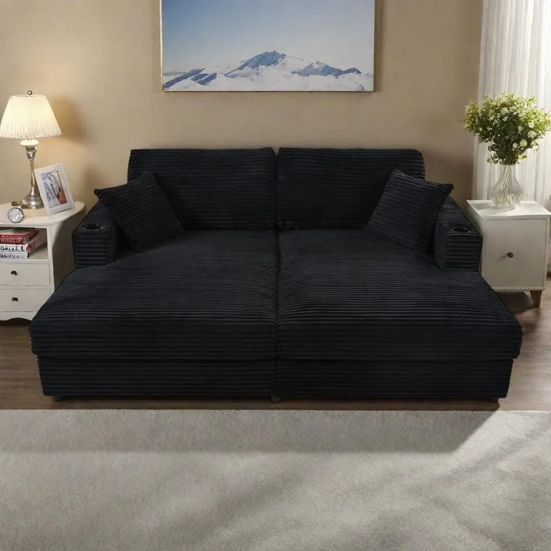 Canapé-lit méridienne en velours côtelé de 86,5 pouces avec ports USB, porte-gobelets et 8 coussins épais