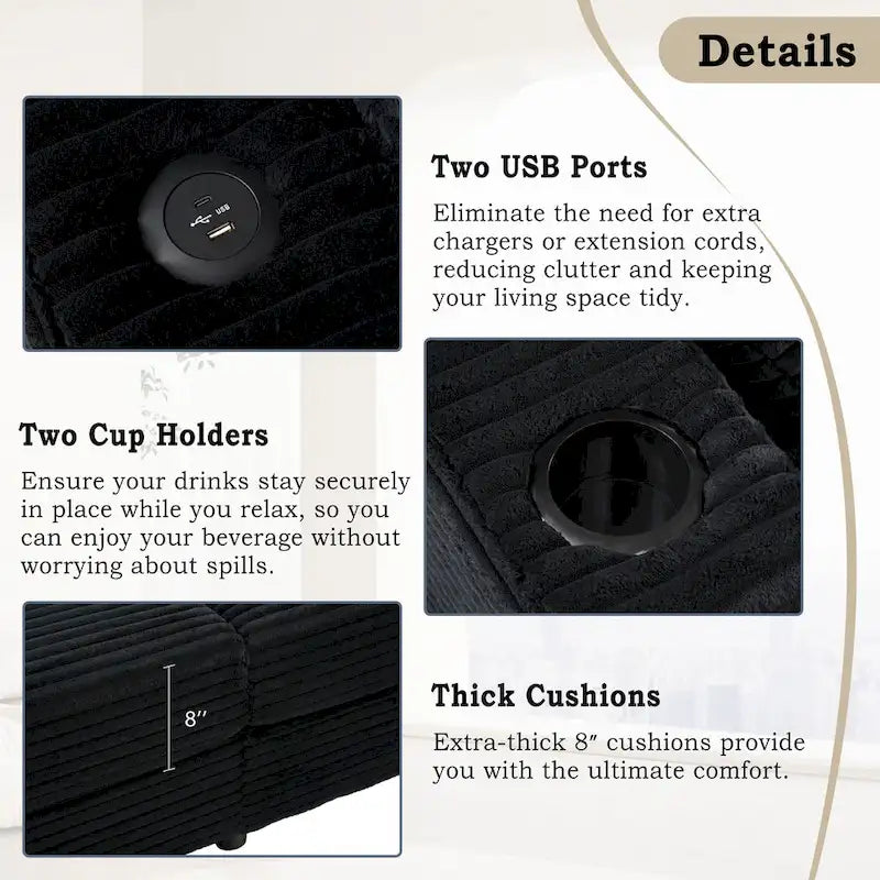 Canapé-lit méridienne en velours côtelé de 86,5 pouces avec ports USB, porte-gobelets et 8 coussins épais