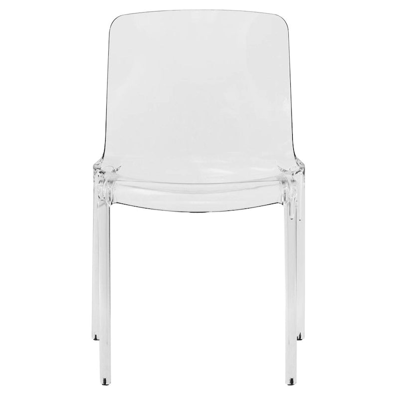 Chaise de salle à manger empilable minimaliste en acrylique, moderne, transparente, avec dossier haut, idéale pour la salle à manger et la cuisine.
