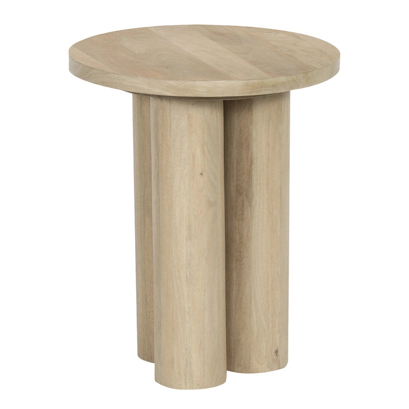 Table d'appoint Hazel à 3 pieds piliers, en bois de manguier brun naturel travaillé à la main, plateau rond de 45 cm (17,7 pouces).