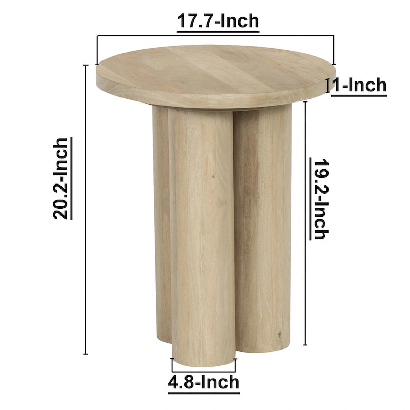 Table d'appoint Hazel à 3 pieds piliers, en bois de manguier brun naturel travaillé à la main, plateau rond de 45 cm (17,7 pouces).