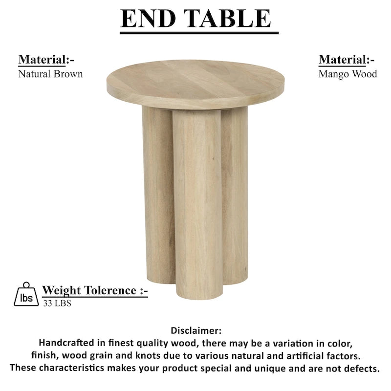 Table d'appoint Hazel à 3 pieds piliers, en bois de manguier brun naturel travaillé à la main, plateau rond de 45 cm (17,7 pouces).