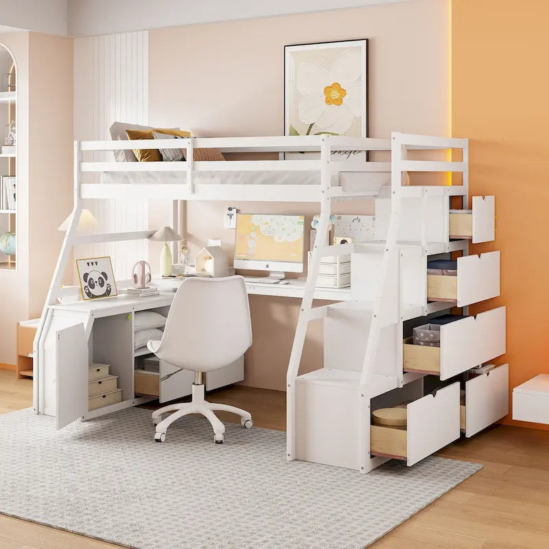 Lit mezzanine en pin avec bureau et rangements
