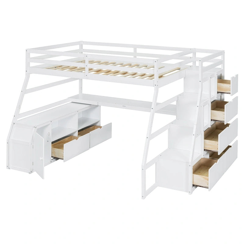 Lit mezzanine en pin avec bureau et rangements