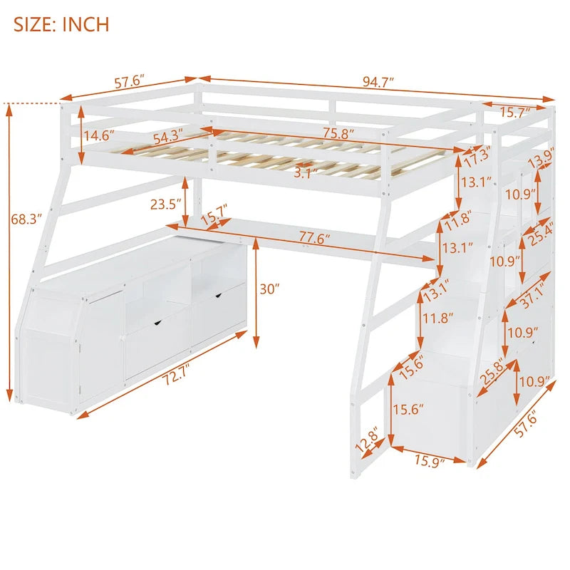 Lit mezzanine en pin avec bureau et rangements