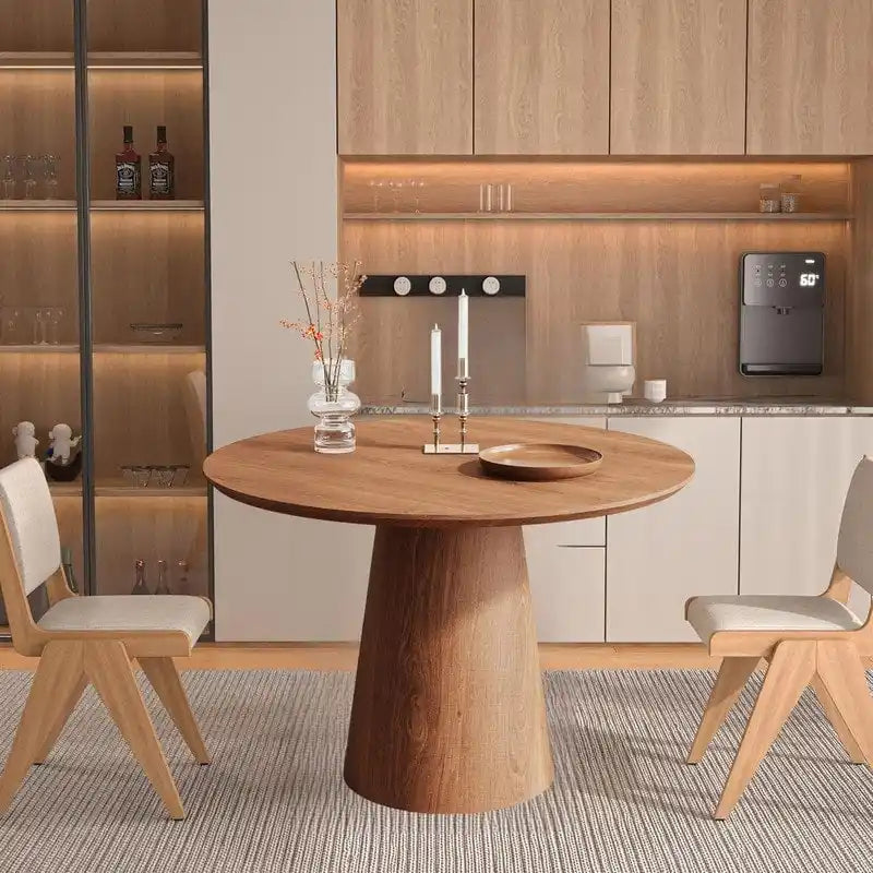 Table de salle à manger ronde pour 4 à 6 personnes, table en bois naturel avec pied conique en bois, style rustique et minimaliste