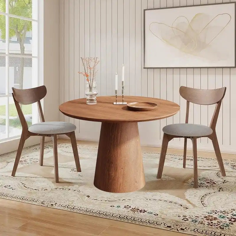 Table de salle à manger ronde pour 4 à 6 personnes, table en bois naturel avec pied conique en bois, style rustique et minimaliste