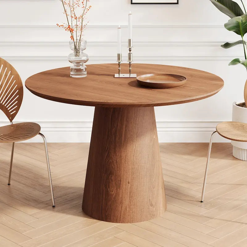 Table de salle à manger ronde pour 4 à 6 personnes, table en bois naturel avec pied conique en bois, style rustique et minimaliste