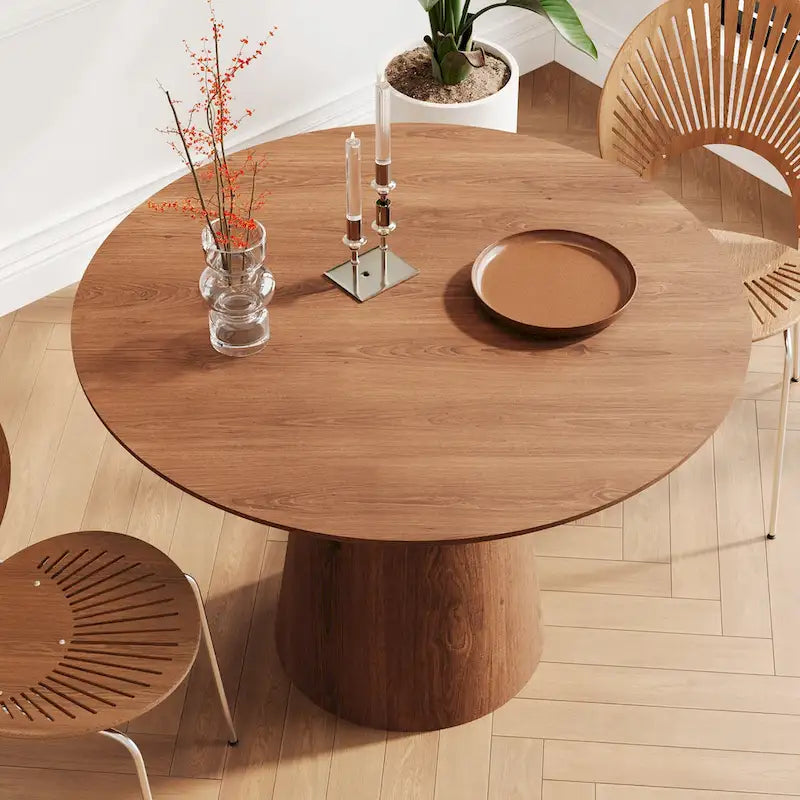 Table de salle à manger ronde pour 4 à 6 personnes, table en bois naturel avec pied conique en bois, style rustique et minimaliste