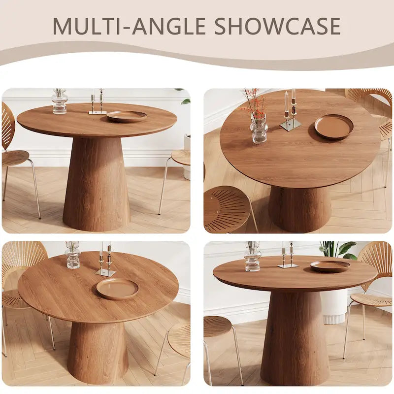 Table de salle à manger ronde pour 4 à 6 personnes, table en bois naturel avec pied conique en bois, style rustique et minimaliste