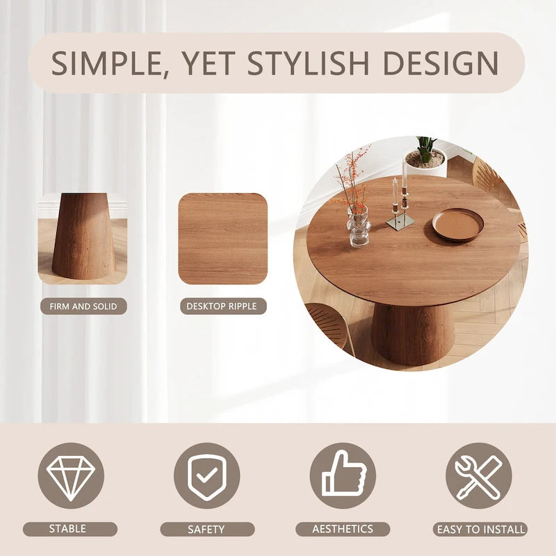 Table de salle à manger ronde pour 4 à 6 personnes, table en bois naturel avec pied conique en bois, style rustique et minimaliste