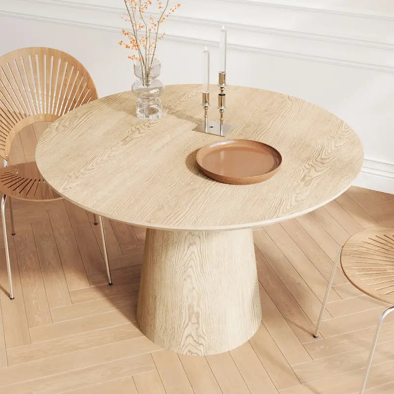 Table de salle à manger ronde pour 4 à 6 personnes, table en bois naturel avec pied conique en bois, style rustique et minimaliste
