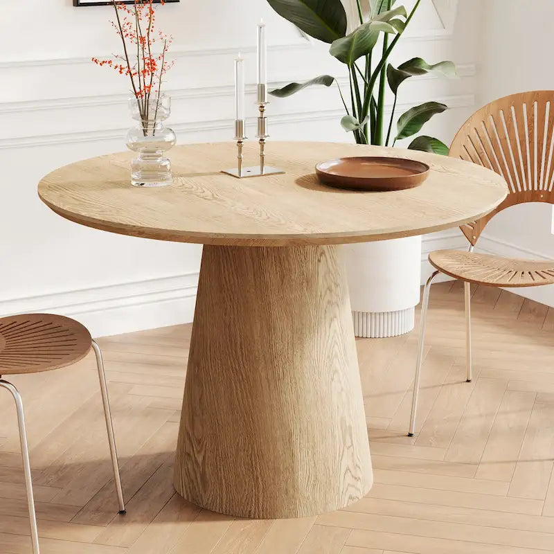 Table de salle à manger ronde pour 4 à 6 personnes, table en bois naturel avec pied conique en bois, style rustique et minimaliste