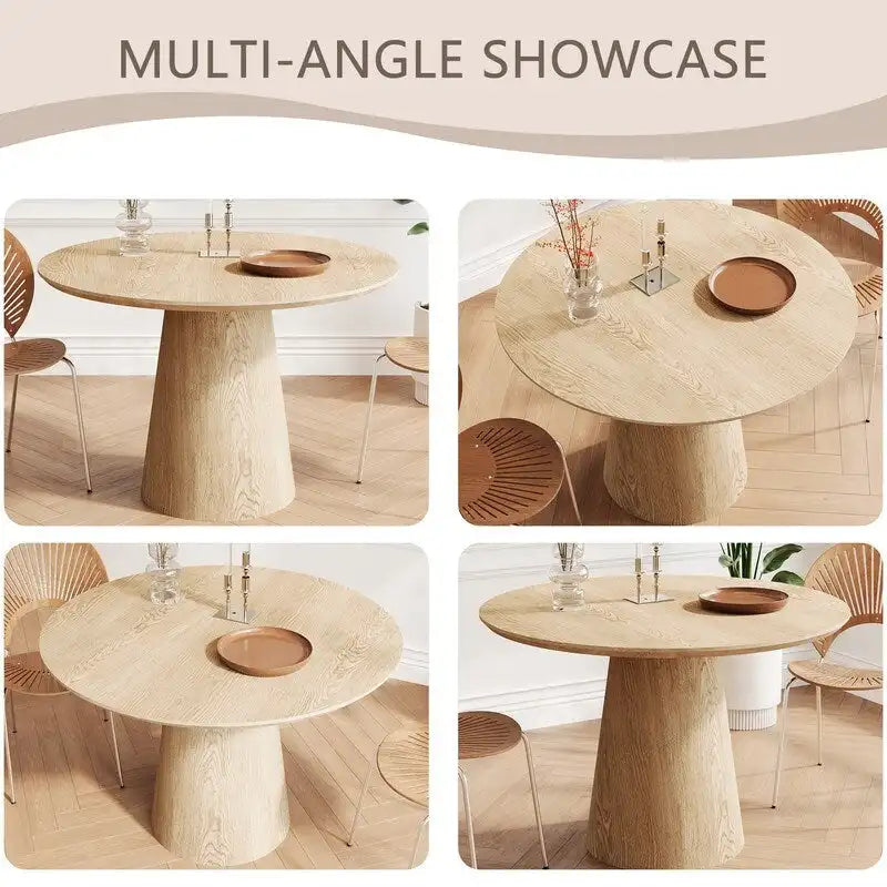 Table de salle à manger ronde pour 4 à 6 personnes, table en bois naturel avec pied conique en bois, style rustique et minimaliste