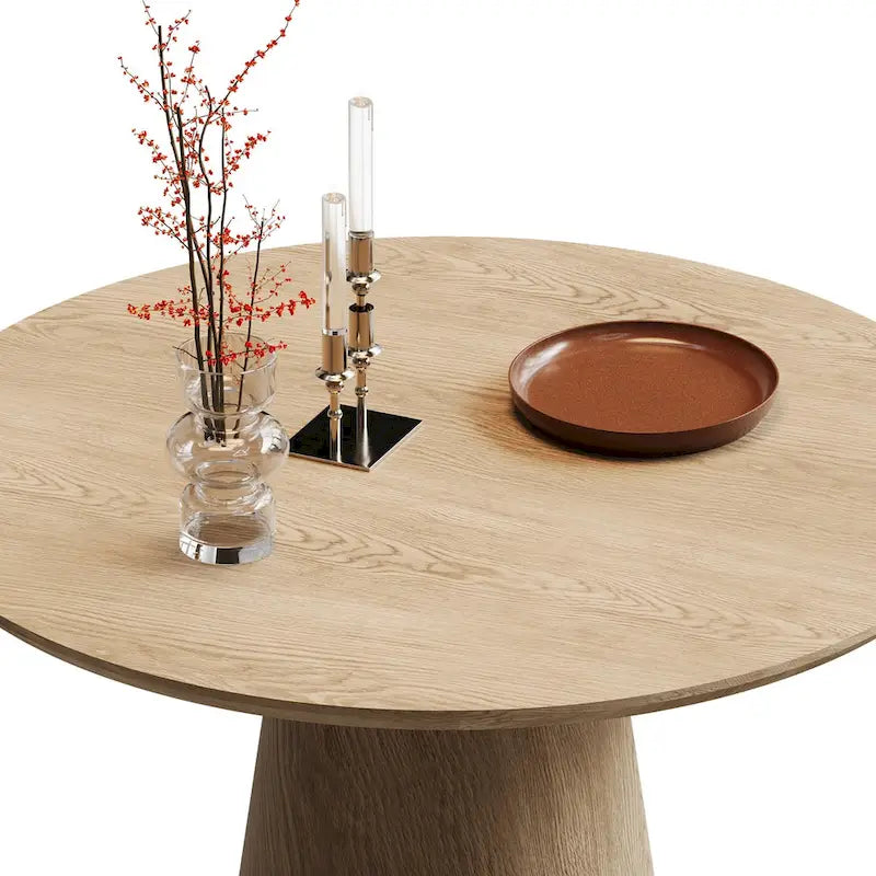 Table de salle à manger ronde pour 4 à 6 personnes, table en bois naturel avec pied conique en bois, style rustique et minimaliste
