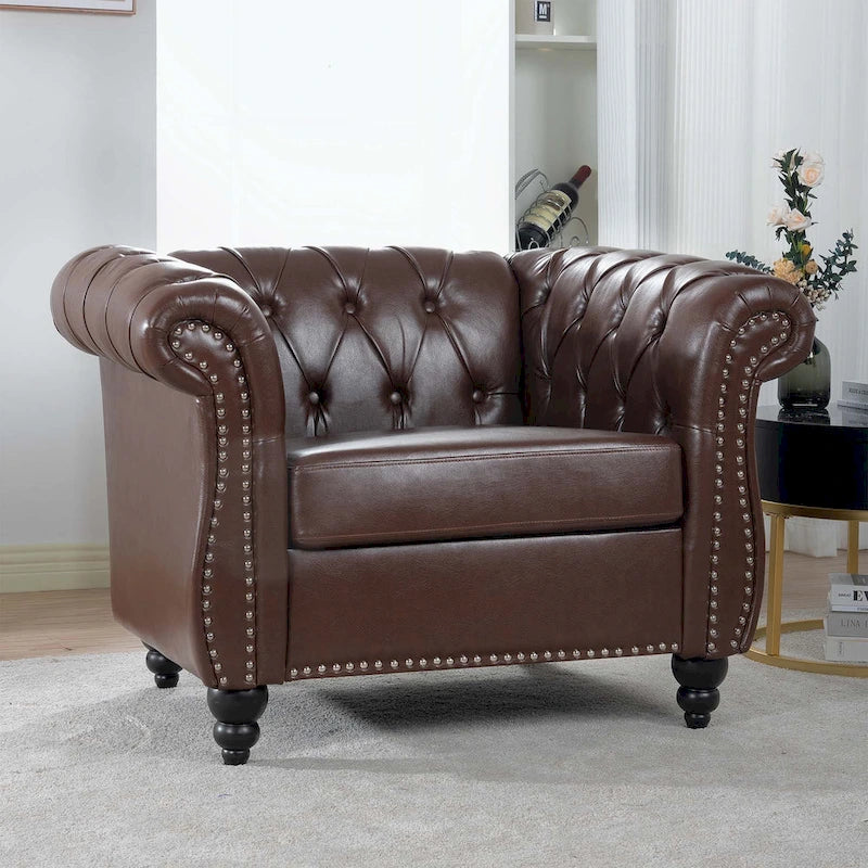 Canapé confortable pour salon, avec accoudoirs roulés et plissés.