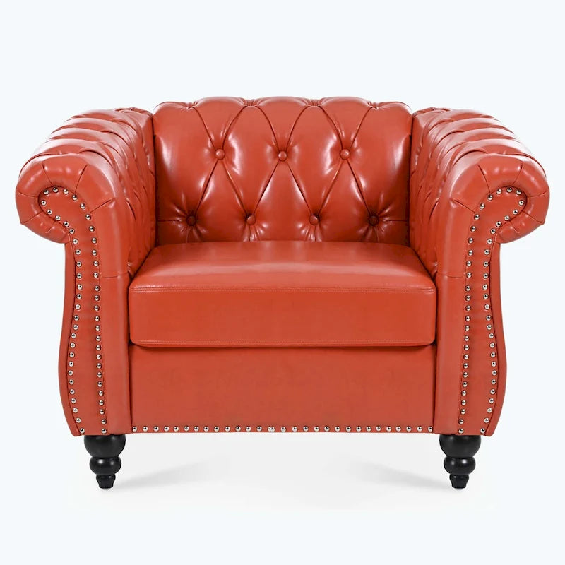 Canapé confortable pour salon, avec accoudoirs roulés et plissés.