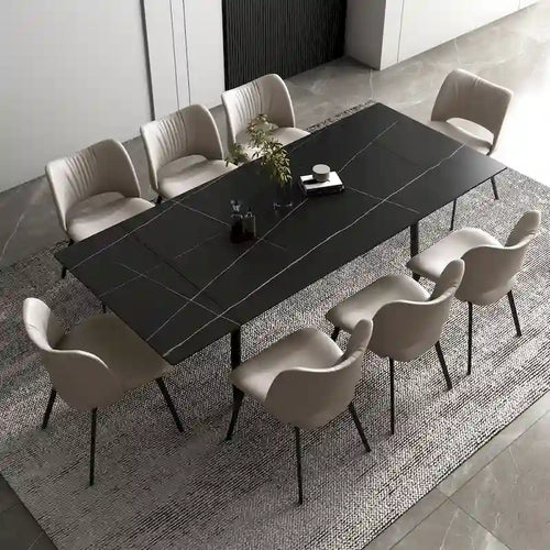 9 Piece 62.9 inch to 94.4 inch Extendable Dining Table Set with Sintered Stone Top 8 Chairs