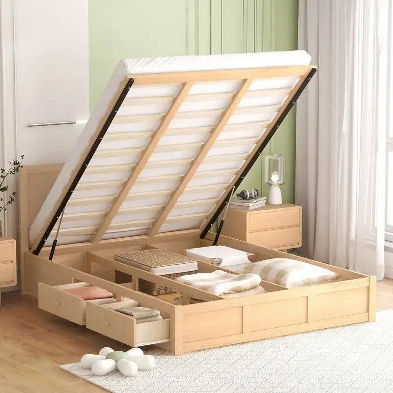Lit plateforme en bois Queen Size avec rangement inférieur et 2 tiroirs, couleur bois