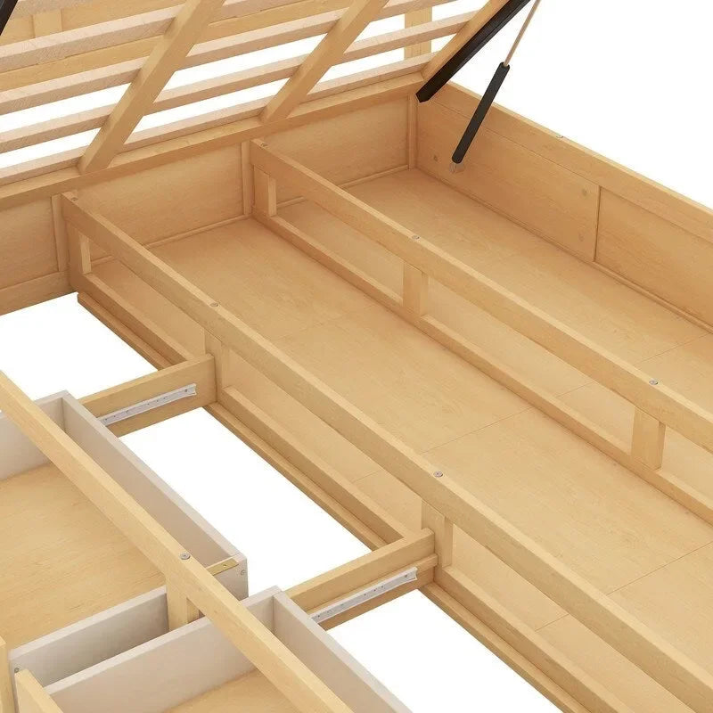 Lit plateforme en bois Queen Size avec rangement inférieur et 2 tiroirs, couleur bois