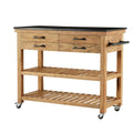 Wood Rolling 4 Drawer and 2 Shelf Kitchen Cart with Black Metal Handles and Marble Top - Brown - Roche River Decor