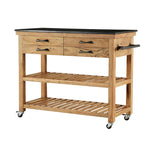 Wood Rolling 4 Drawer and 2 Shelf Kitchen Cart with Black Metal Handles and Marble Top - Brown - Roche River Decor