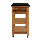 Chariot de cuisine à roulettes en bois, 4 tiroirs et 2 étagères, poignées en métal noir et plateau en marbre - Brun - Roche River Decor