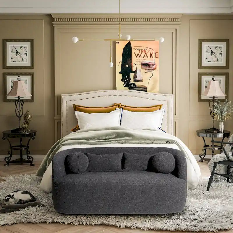 Canapé 2 places KINWELL en tissu bouclé avec coussins