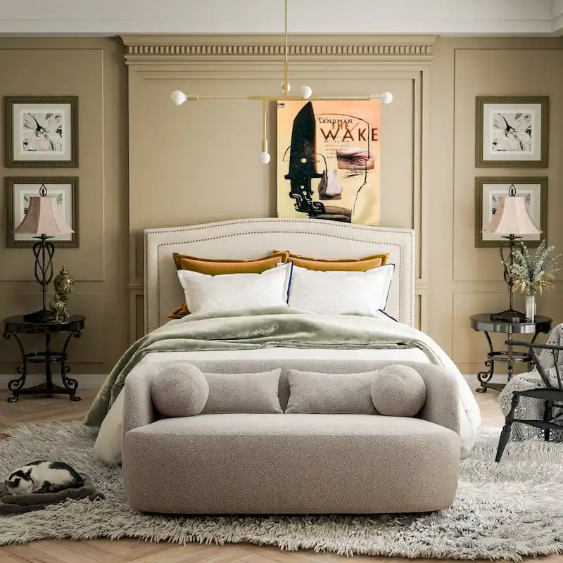 Canapé 2 places KINWELL en tissu bouclé avec coussins