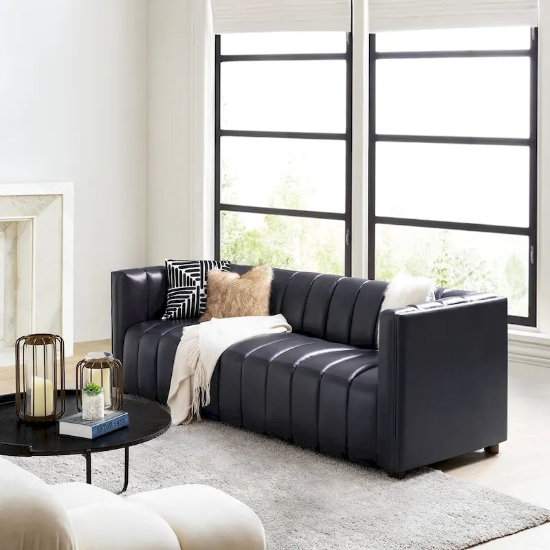 Canapé Olinto Modern Camel 83 pouces en cuir véritable incurvé avec dossier capitonné par HULALA HOME