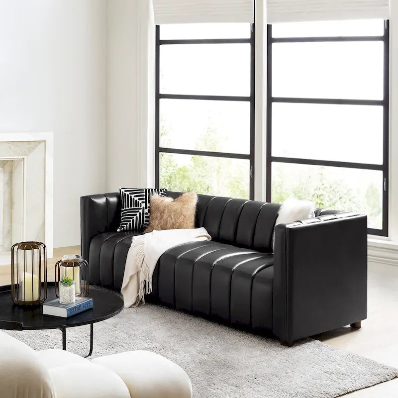 Canapé Olinto Modern Camel 83 pouces en cuir véritable incurvé avec dossier capitonné par HULALA HOME