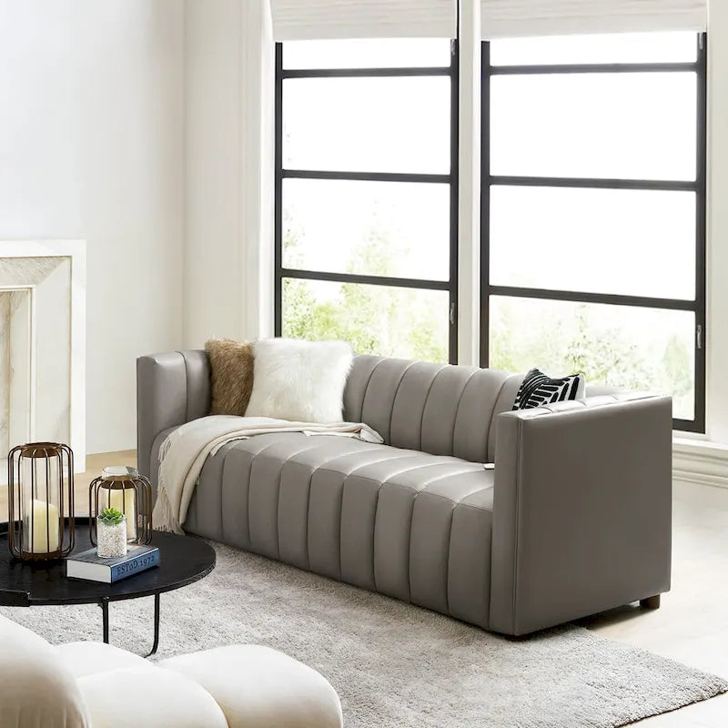 Canapé Olinto Modern Camel 83 pouces en cuir véritable incurvé avec dossier capitonné par HULALA HOME